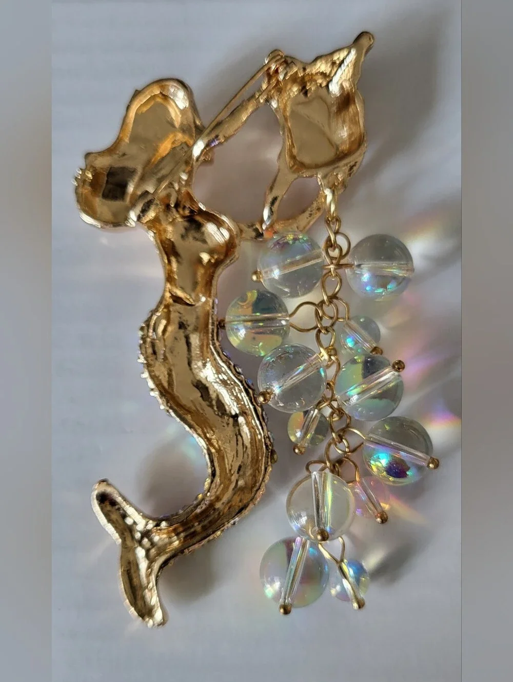 Beautiful Goldtone Mermaid Brooch with Iridescent Beads and Rhinestones